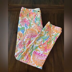 Gretchen Scott Designs White Floral Tropical Pants with Pink & Orange Accents